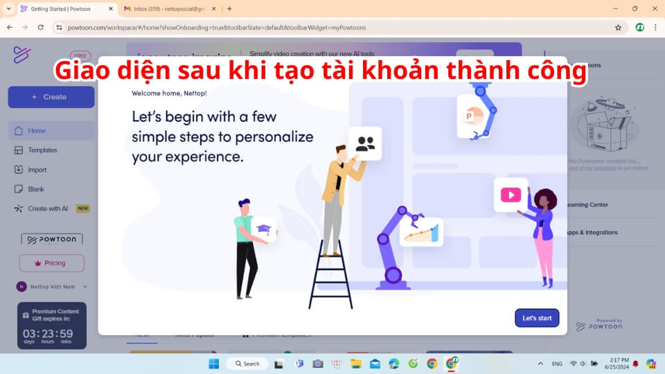 Giao diện sau khi tạo tài khoản Giao diện sau khi tạo tài khoản